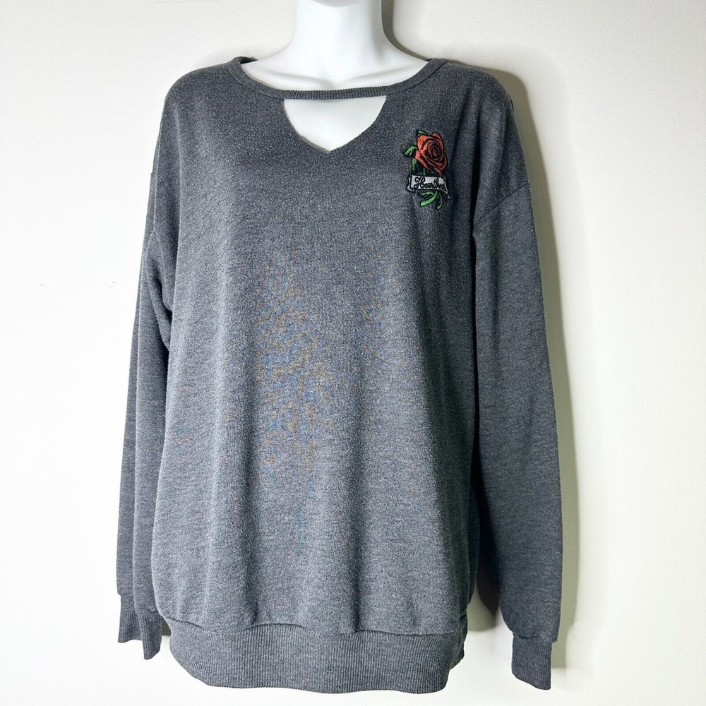 Modernlux Sweatshirt Women XL Gray Heartbreaker Embroidered Rose Tattoo Cutout